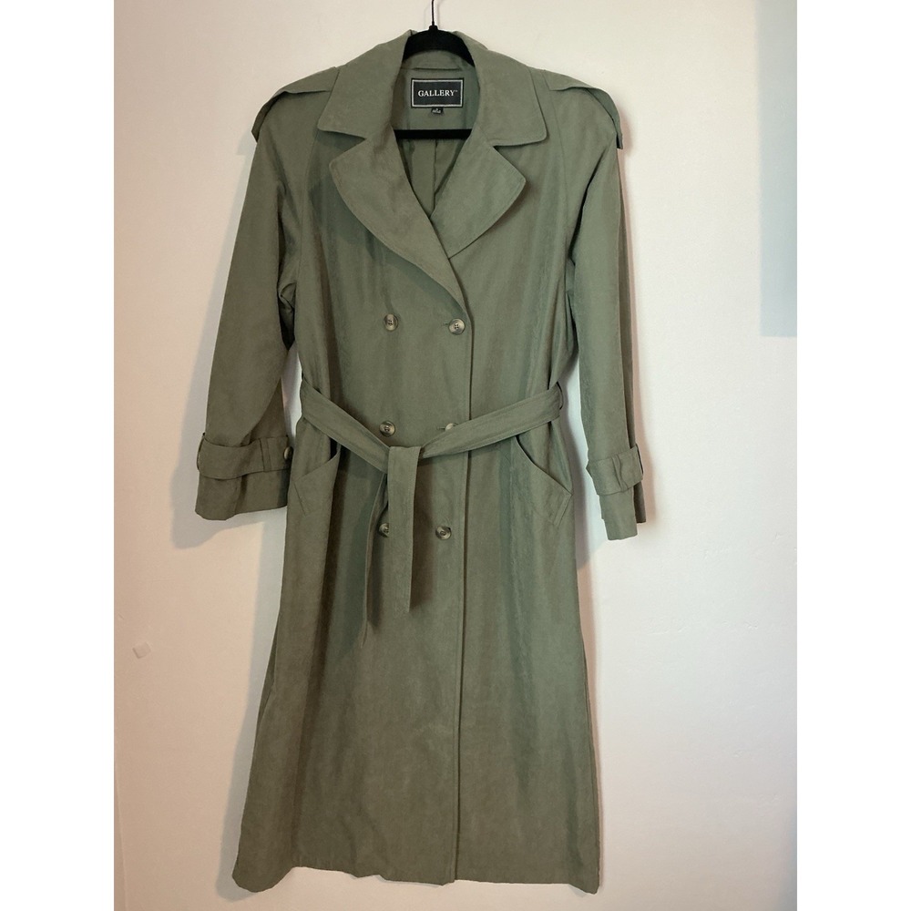 Gallery Olive Green Double Breasted Trench Coat Belted Waist With Epaulets M